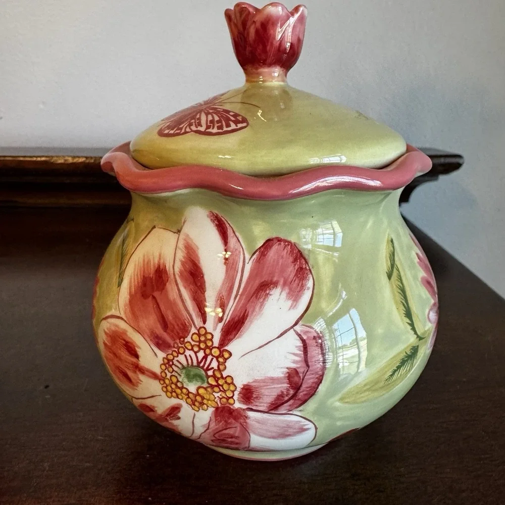 April Cornell Ceramic Sugar Creamer Green Pink Butterfly Lidded Sugar Bowl Set